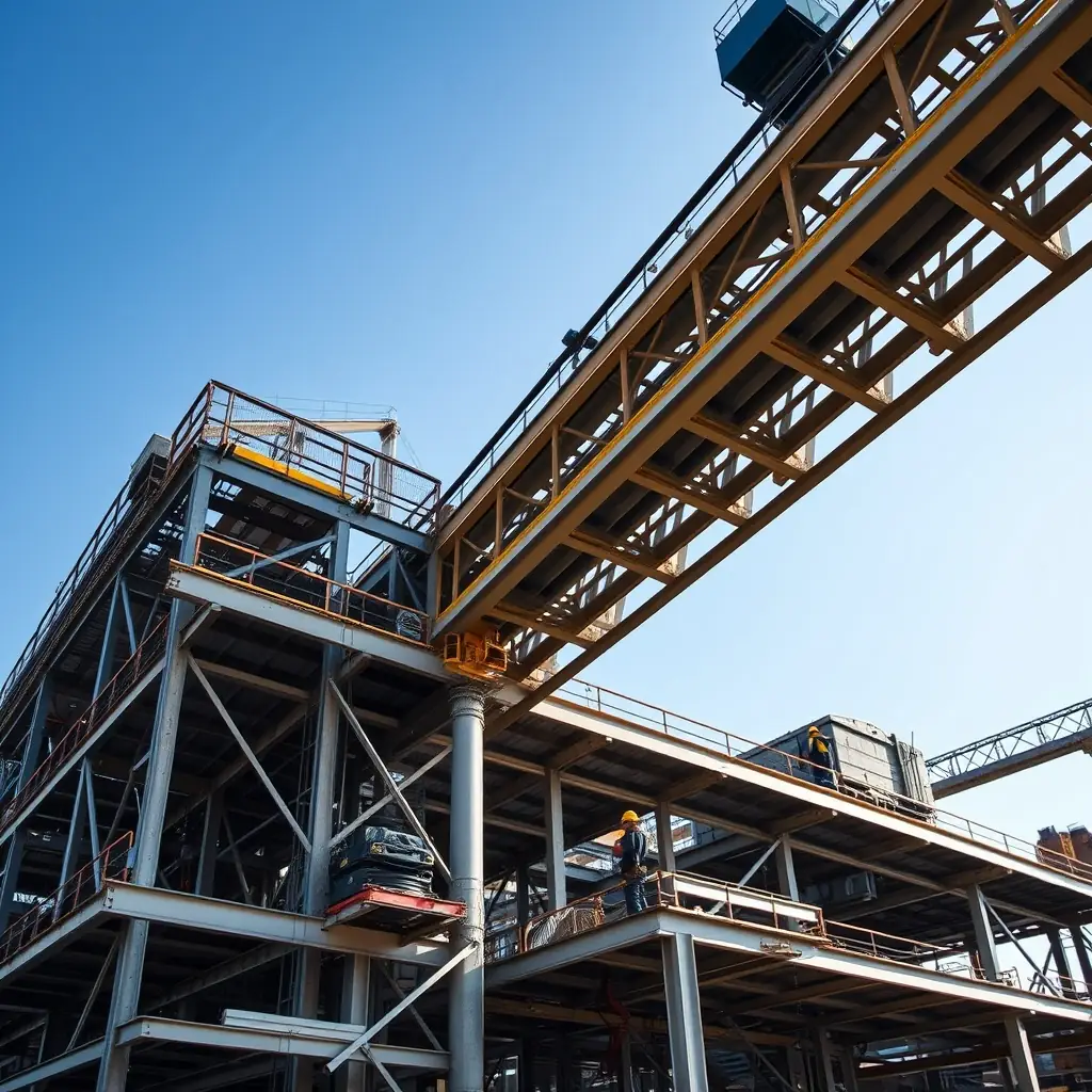 A modern factory under construction with steel frameworks and workers assembling metal structures.